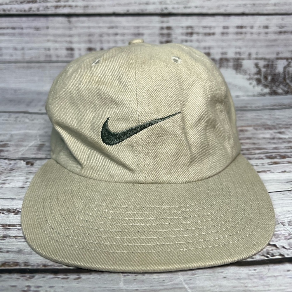 VTG Y2K Nike Baseball Cap Khaki and Green Embroidered Swoosh Logo Cotton OSFA